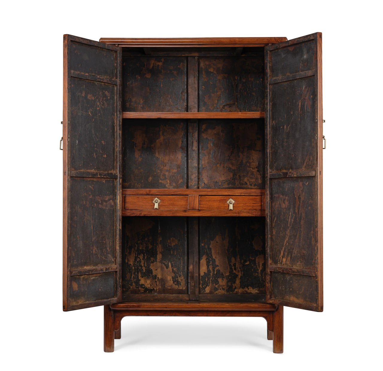 Open cabinet showing lacquered interior panels and drawers.