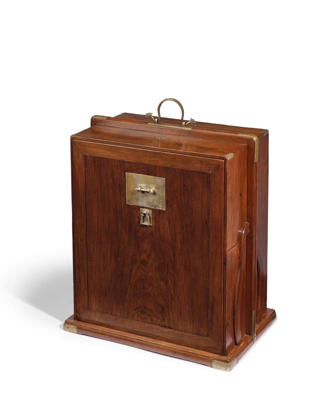 Portable huanghuali cabinet with carrying handle and brass mounts.
